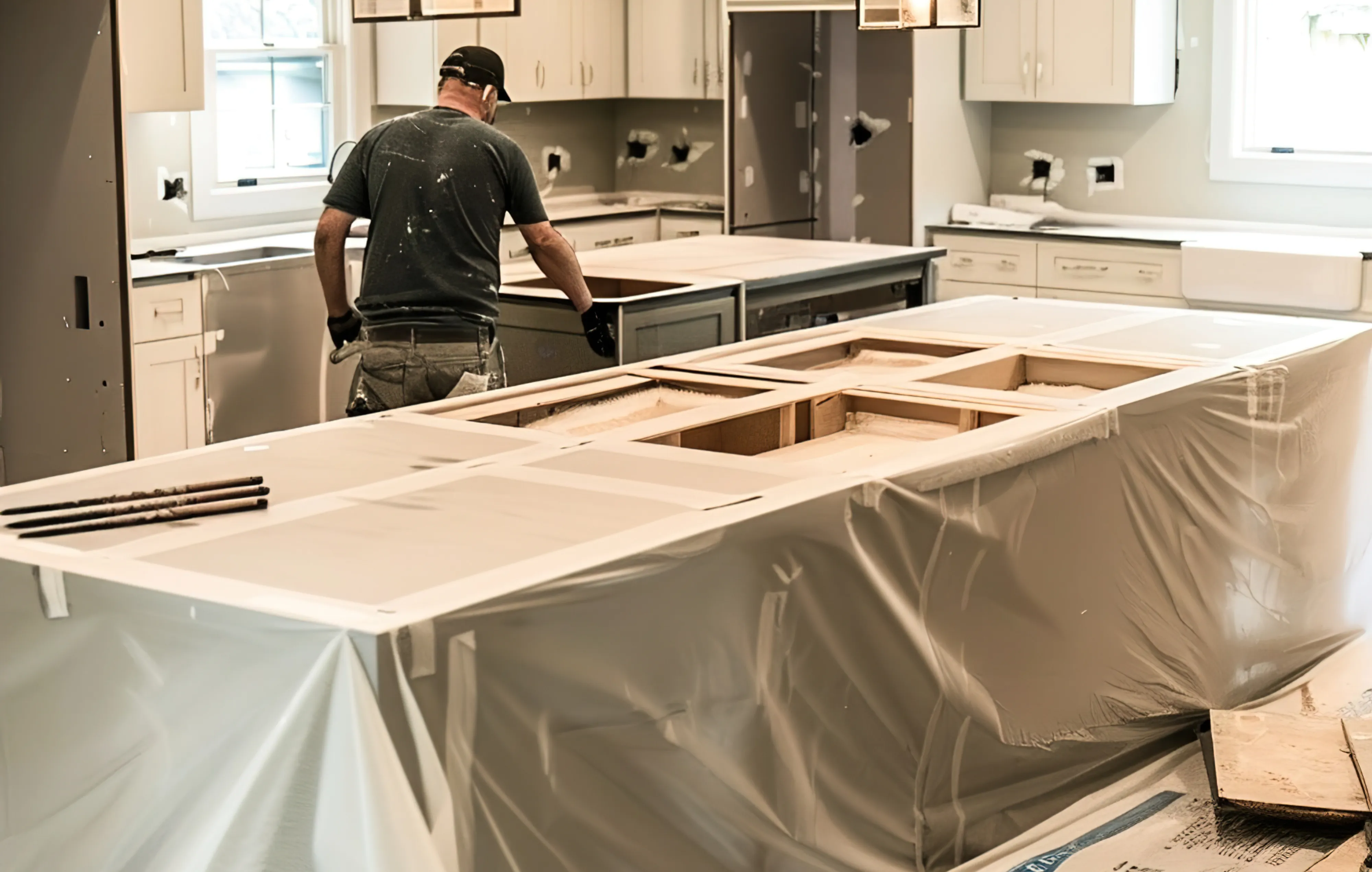 Kitchen remodeling in progress in Los Angeles with cabinets, tools, ladder, and interior renovation work