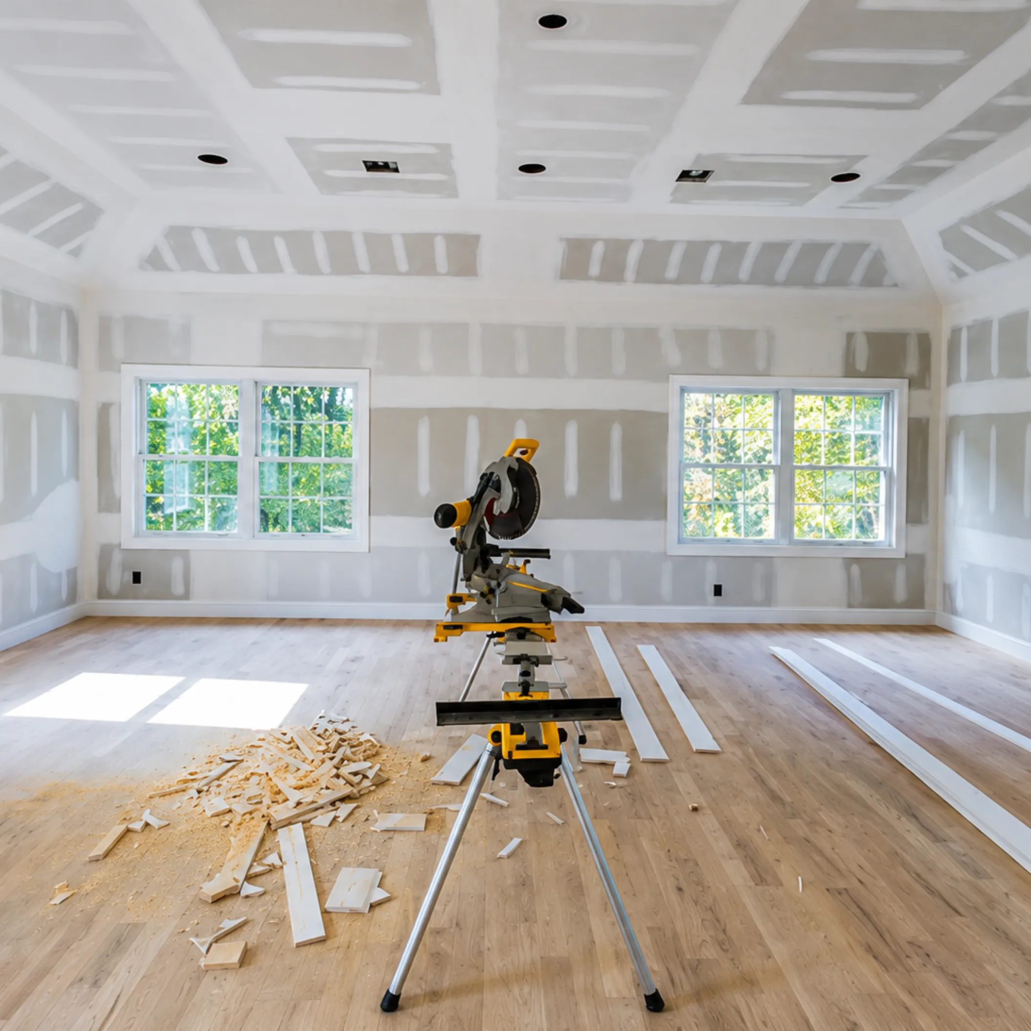 Remodeling work in progress in Los Angeles with unfinished drywall, wood flooring, windows, and construction saw