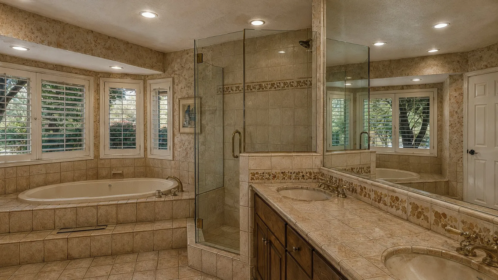 Before bathroom remodeling project in Los Angeles with dated tile, older vanity, enclosed shower, worn finishes, and outdated bathroom style