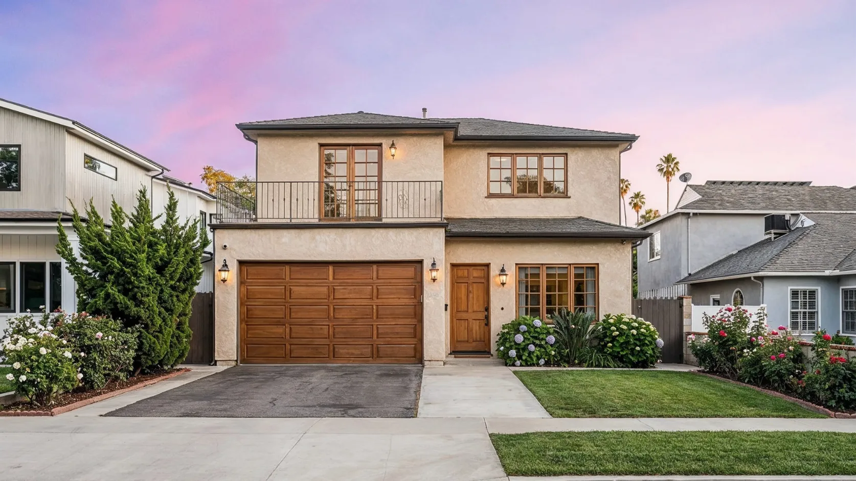 Before full home remodeling project in Los Angeles with traditional exterior, dated curb appeal, older garage door, and classic facade finishes