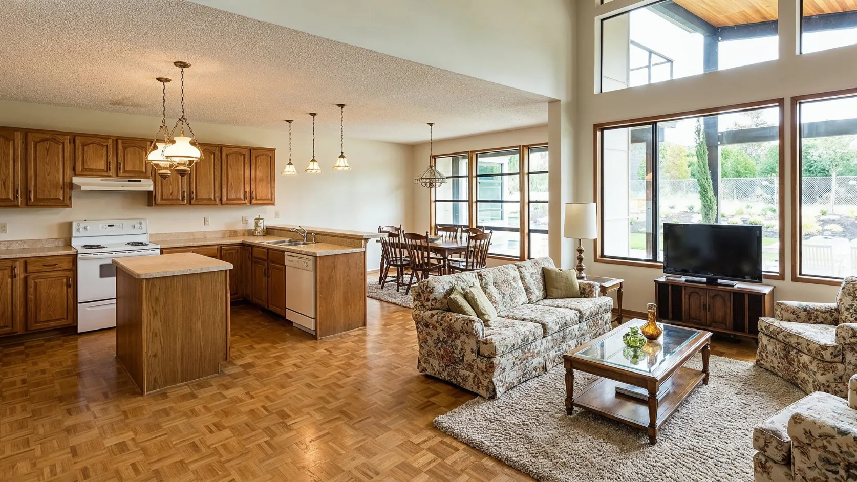 Before home remodeling project in Los Angeles with outdated kitchen living room layout and limited open space