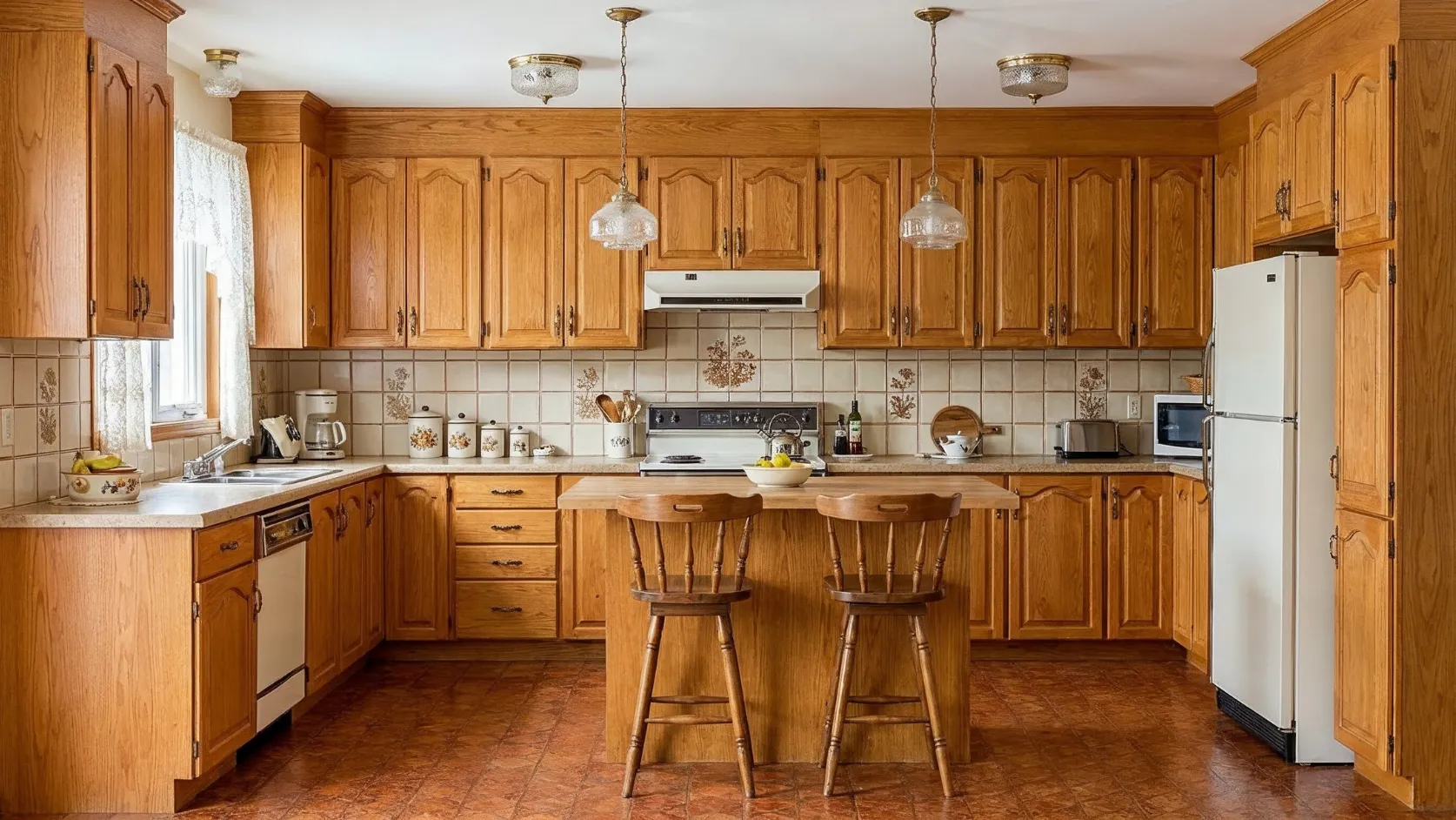 Before kitchen remodeling project in Los Angeles with outdated wood cabinets, old tile backsplash, dated lighting, and traditional kitchen layout