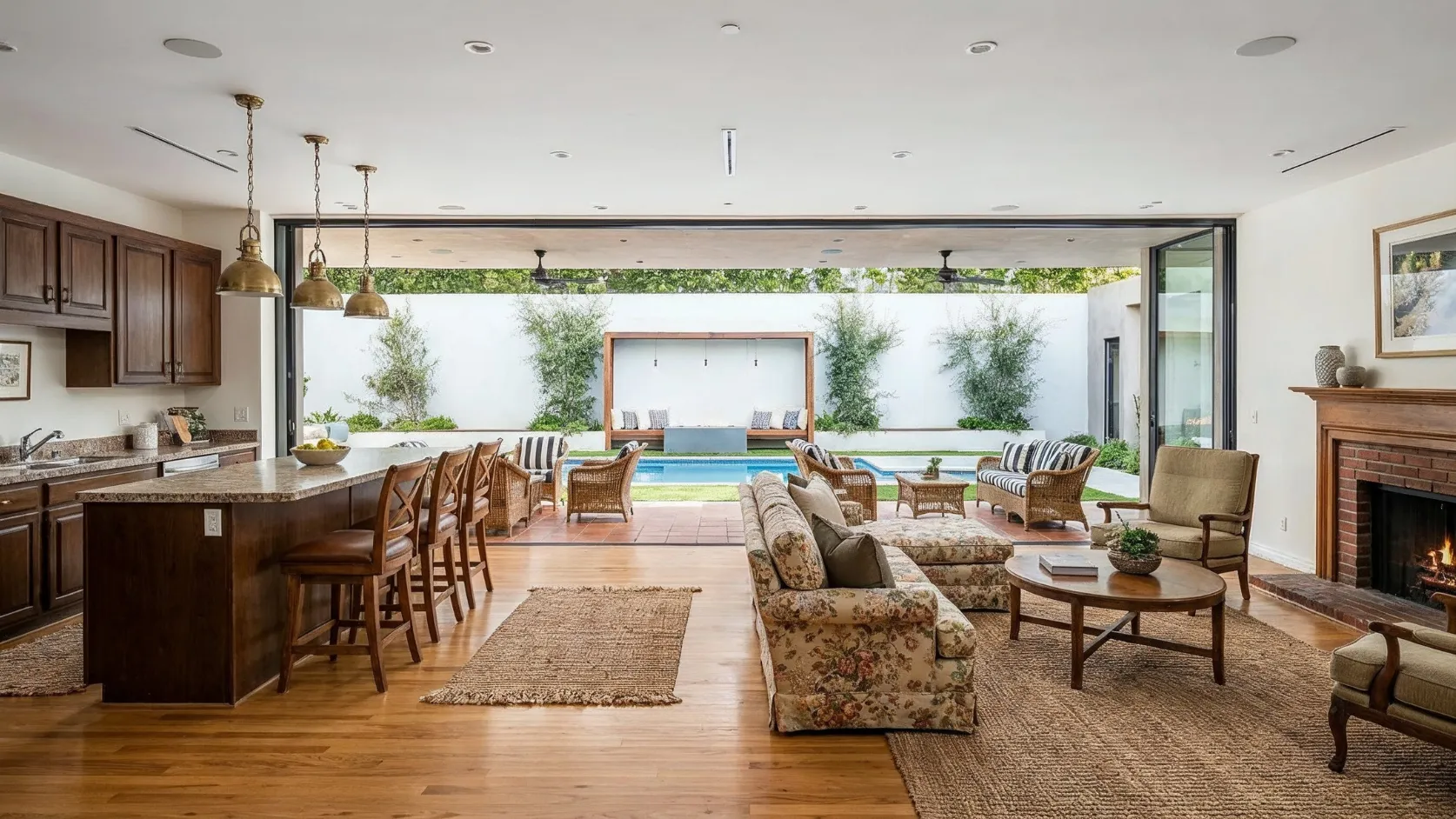 Before luxury home remodeling project in Los Angeles with traditional open living space, older wood kitchen finishes, dated furniture, and indoor outdoor layout potential