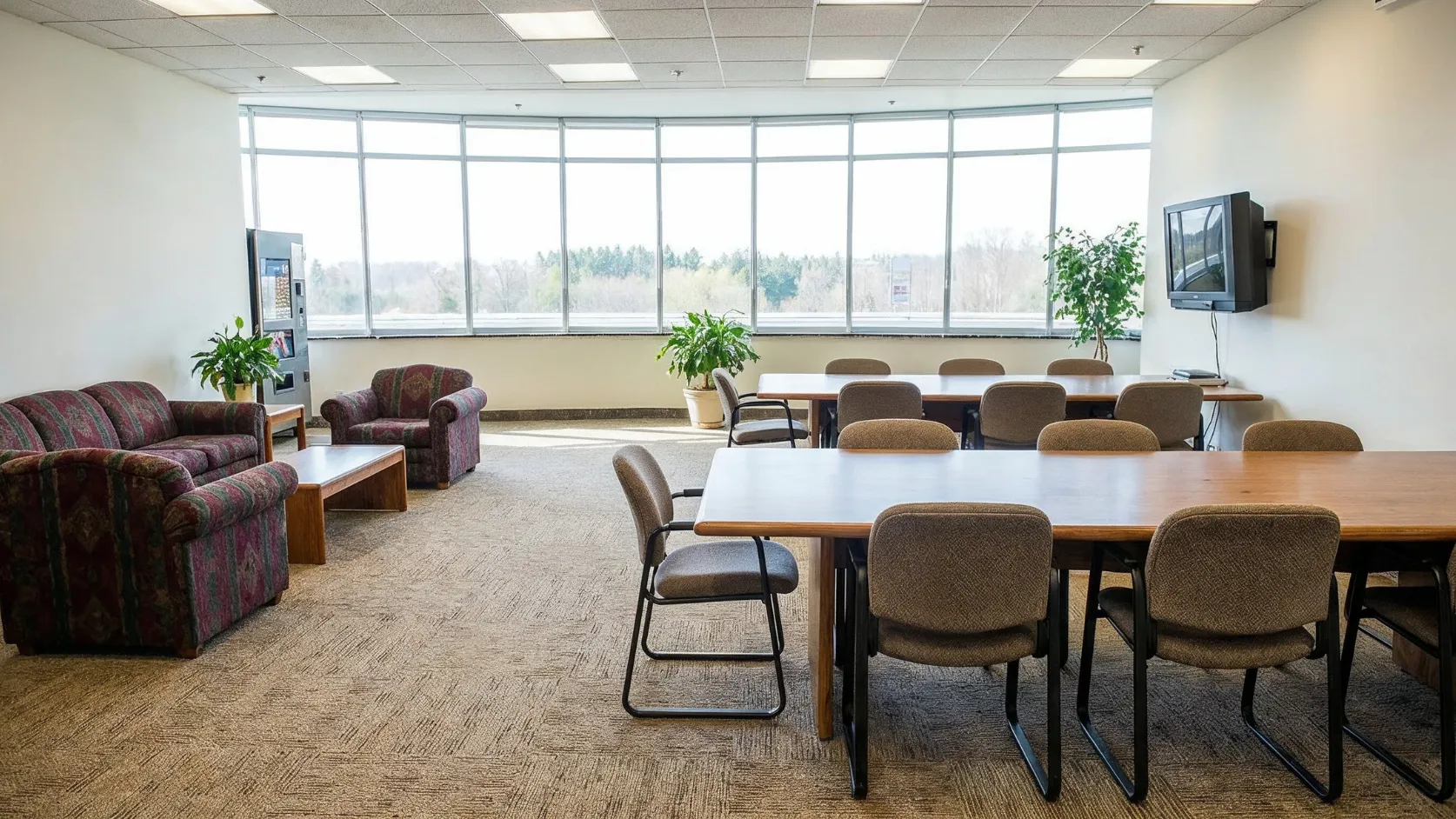 Before office remodeling project in Los Angeles with dated conference room furniture, older carpet, limited lighting appeal, and outdated workspace finishes